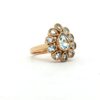 Natural Blue Topaz Ring, 2.95 CTW Pear Cut Floral Cluster, Gold Plated 925 Sterling Silver, HRD Antwerp Report