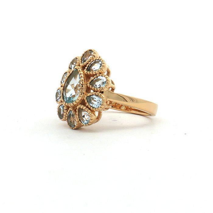 Natural Blue Topaz Ring, 2.95 CTW Pear Cut Floral Cluster, Gold Plated 925 Sterling Silver, HRD Antwerp Report