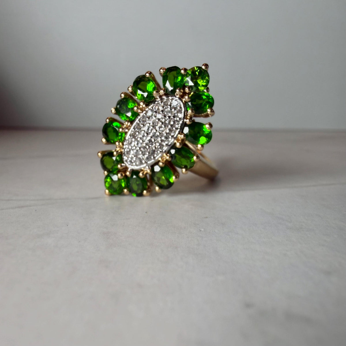 Natural Green Diopside & White Topaz Ring, 2.25 CTW, Gold Plated 925 Silver Floral Cluster Ring, HRD Certified