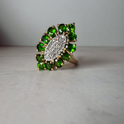 Natural Green Diopside & White Topaz Ring, 2.25 CTW, Gold Plated 925 Silver Floral Cluster Ring, HRD Certified