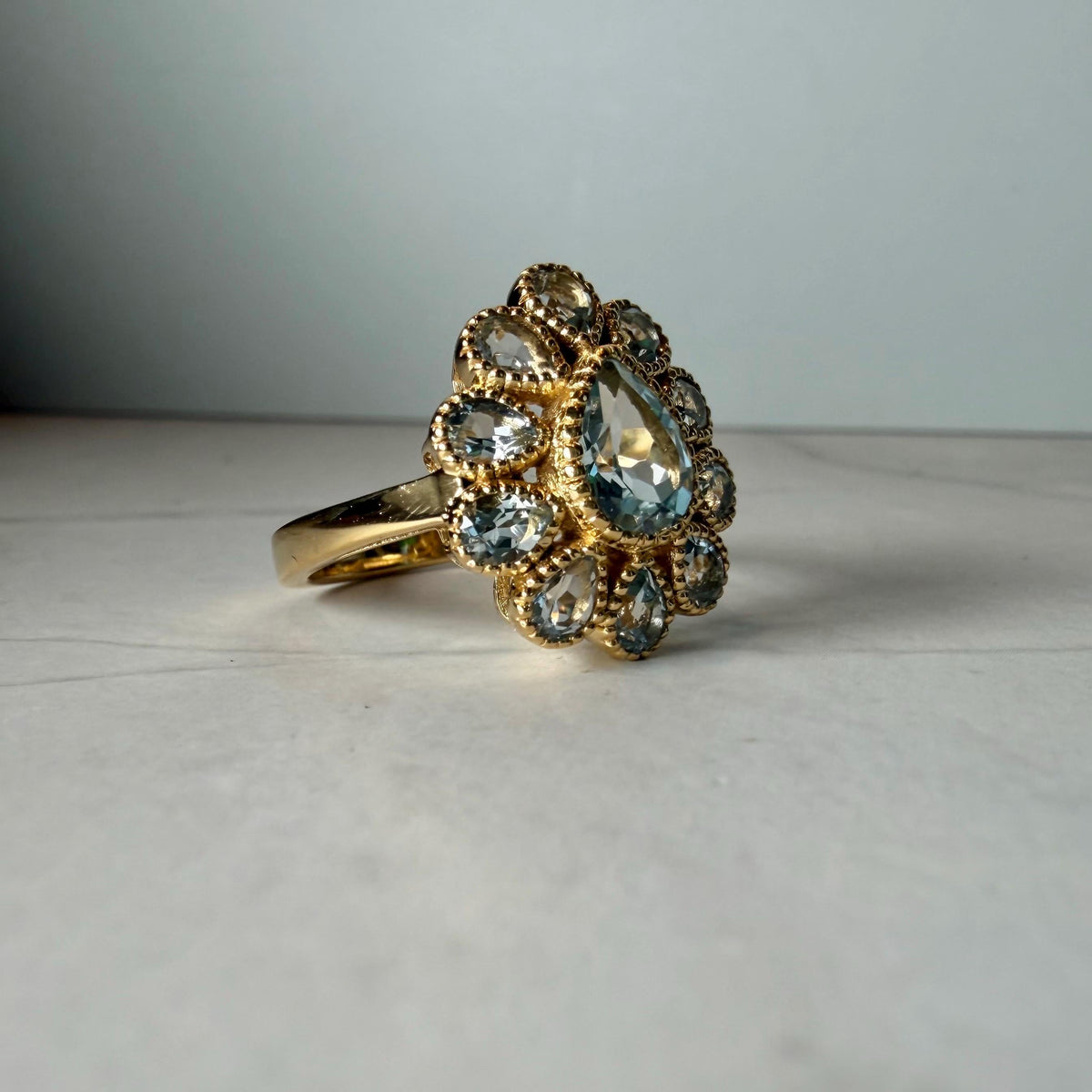 Natural Blue Topaz Ring, 2.95 CTW Pear Cut Floral Cluster, Gold Plated 925 Sterling Silver, HRD Antwerp Report