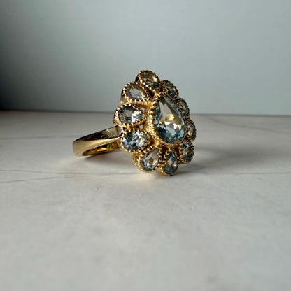 Natural Blue Topaz Ring, 2.95 CTW Pear Cut Floral Cluster, Gold Plated 925 Sterling Silver, HRD Antwerp Report