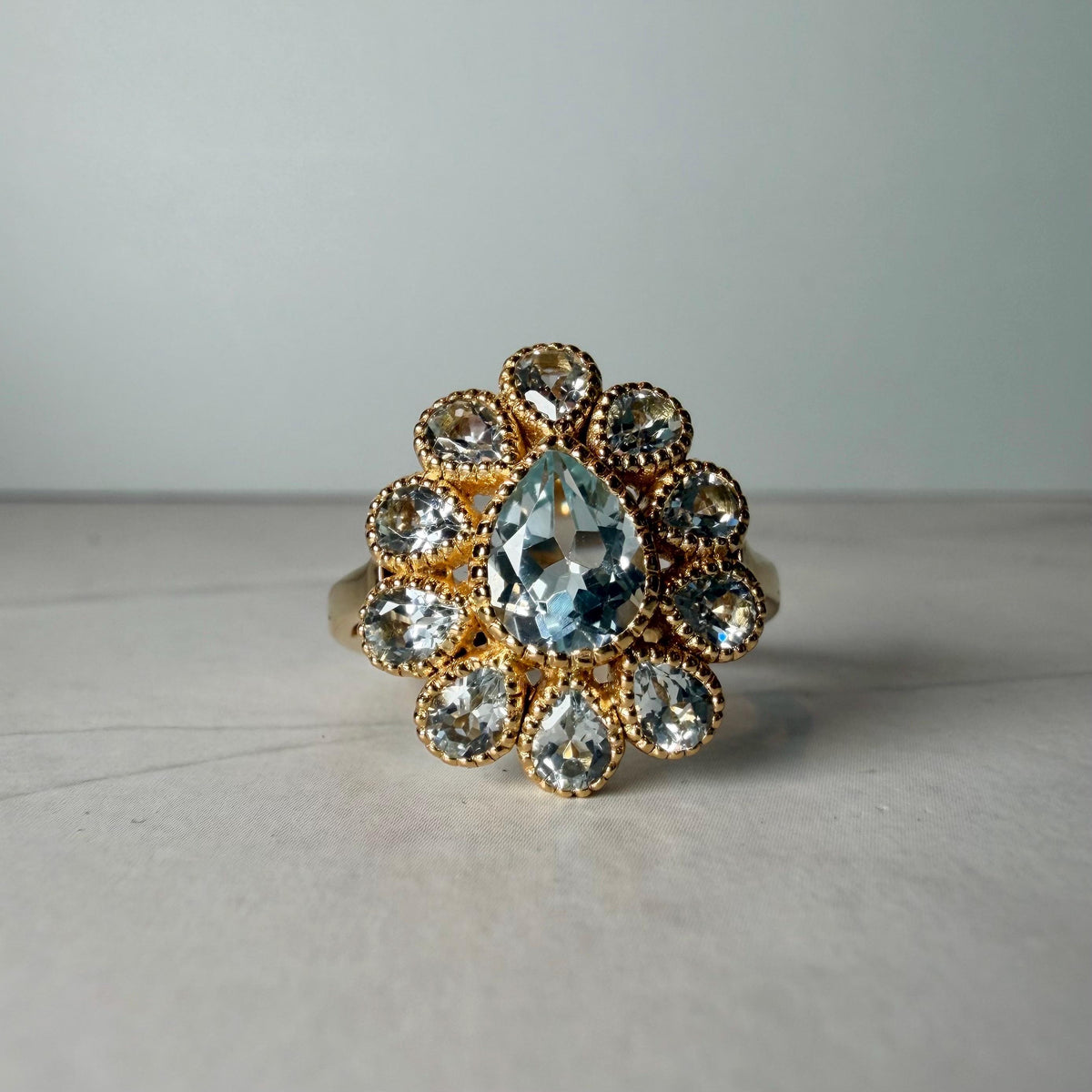 Natural Blue Topaz Ring, 2.95 CTW Pear Cut Floral Cluster, Gold Plated 925 Sterling Silver, HRD Antwerp Report
