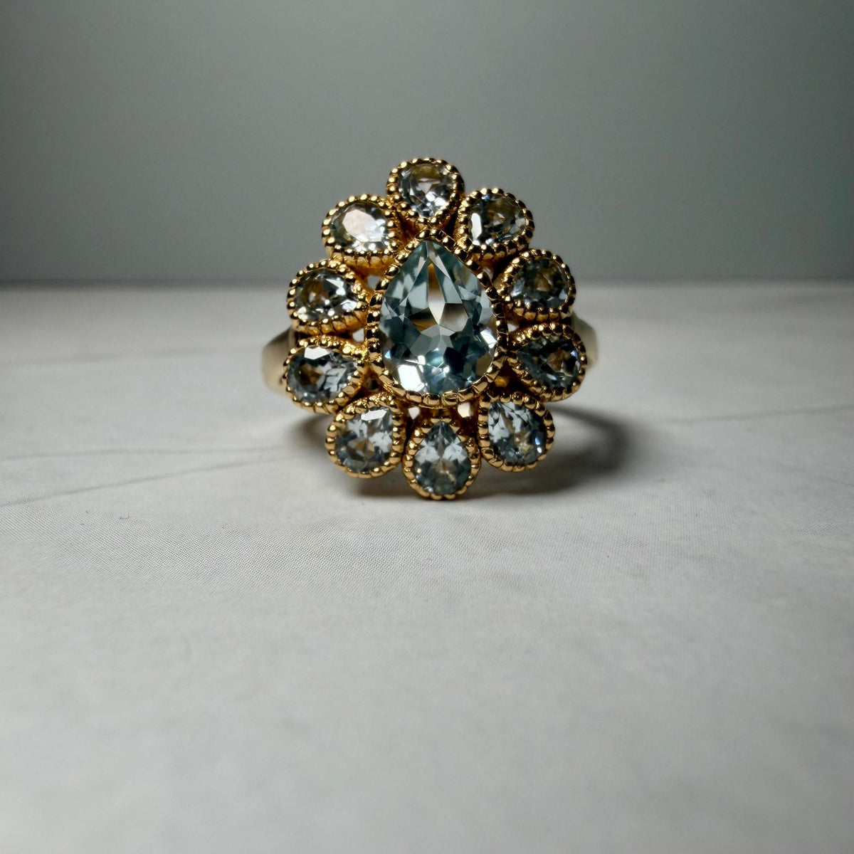 Natural Blue Topaz Ring, 2.95 CTW Pear Cut Floral Cluster, Gold Plated 925 Sterling Silver, HRD Antwerp Report