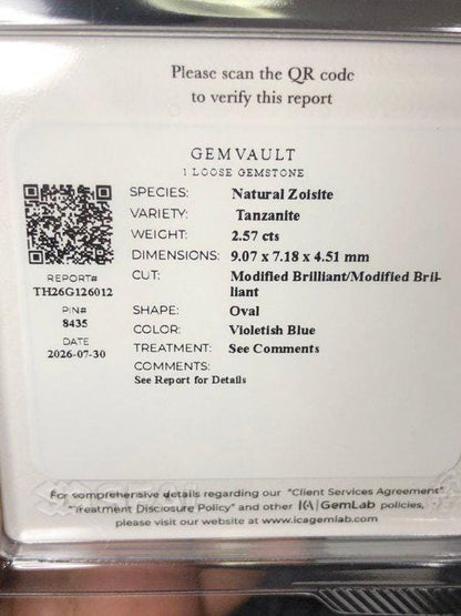 2.57 Ct Certified Tanzanite – Vivid Violet Blue Oval Natural Tanzanite – ICA GemLab – Loose Gemstone