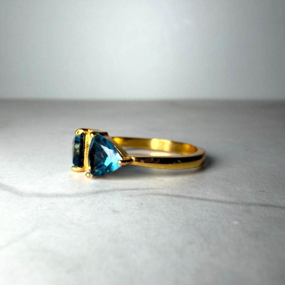 London Blue Topaz Ring Sterling Silver | 2 CT Trillion Cut Blue Topaz Ring | Two Stone Gemstone Ring | Gold Vermeil Style