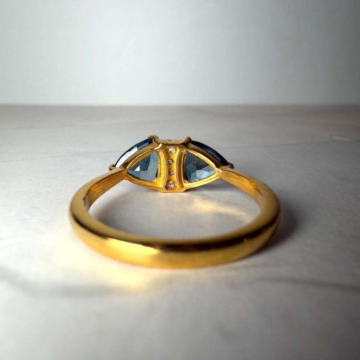 London Blue Topaz Ring Sterling Silver | 2 CT Trillion Cut Blue Topaz Ring | Two Stone Gemstone Ring | Gold Vermeil Style