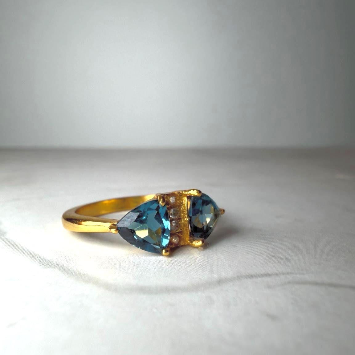 London Blue Topaz Ring Sterling Silver | 2 CT Trillion Cut Blue Topaz Ring | Two Stone Gemstone Ring | Gold Vermeil Style