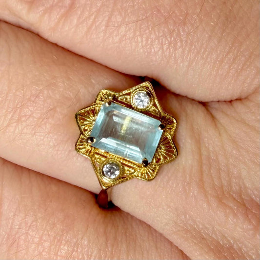 Natural Aquamarine Ring | 2.00 CT Emerald Cut Aquamarine | Art Deco Starburst Ring | Gold Filled Sterling Silver | March Birthstone Ring