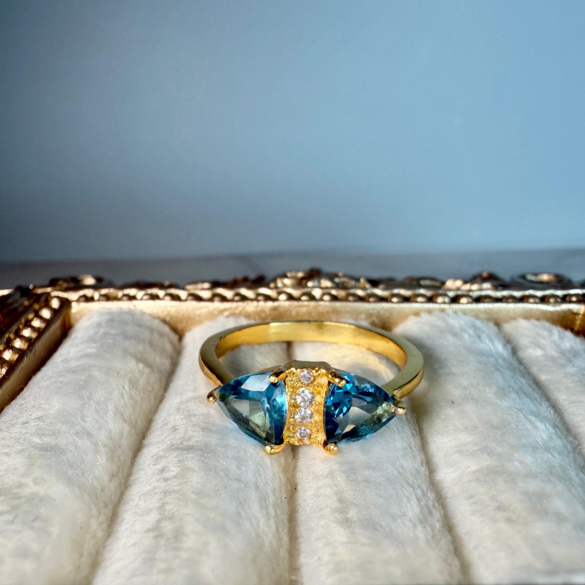 London Blue Topaz Ring Sterling Silver | 2 CT Trillion Cut Blue Topaz Ring | Two Stone Gemstone Ring | Gold Vermeil Style