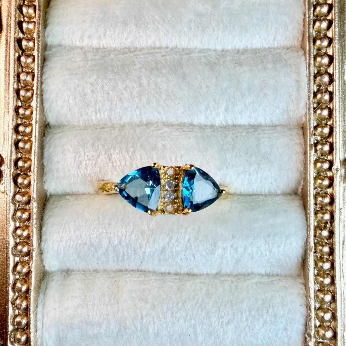 London Blue Topaz Ring Sterling Silver | 2 CT Trillion Cut Blue Topaz Ring | Two Stone Gemstone Ring | Gold Vermeil Style
