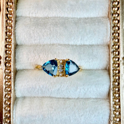 London Blue Topaz Ring Sterling Silver | 2 CT Trillion Cut Blue Topaz Ring | Two Stone Gemstone Ring | Gold Vermeil Style