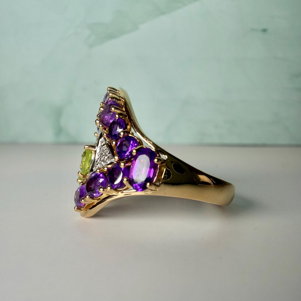 Certified Amethyst Peridot Ring | 2.73 CT Natural Gemstone Statement Ring | Gold Plated Sterling Silver | HRD Antwerp