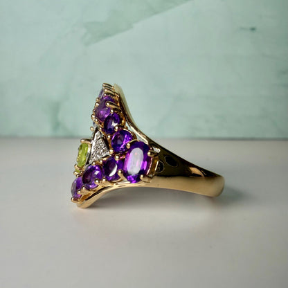 Certified Amethyst Peridot Ring | 2.73 CT Natural Gemstone Statement Ring | Gold Plated Sterling Silver | HRD Antwerp