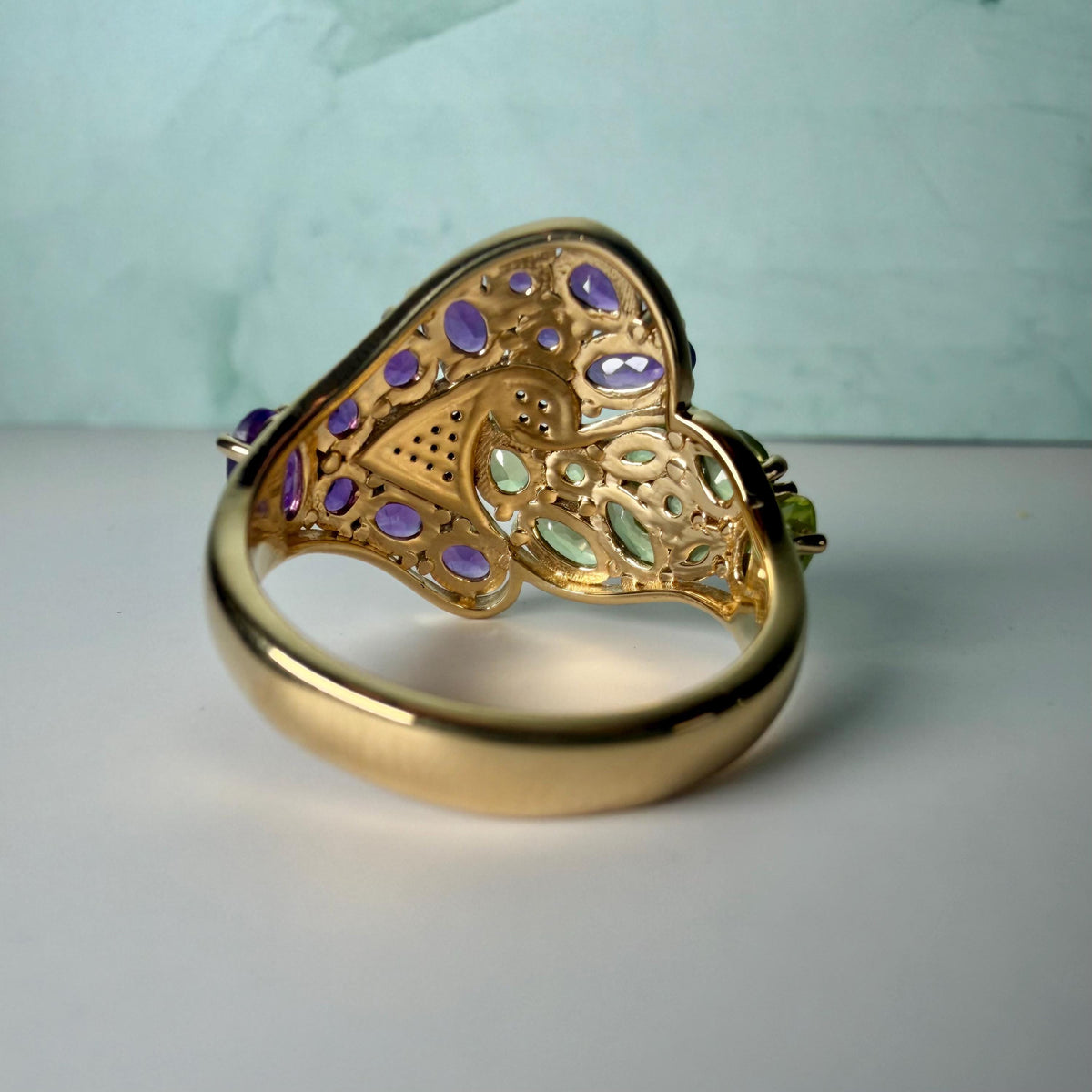Certified Amethyst Peridot Ring | 2.73 CT Natural Gemstone Statement Ring | Gold Plated Sterling Silver | HRD Antwerp