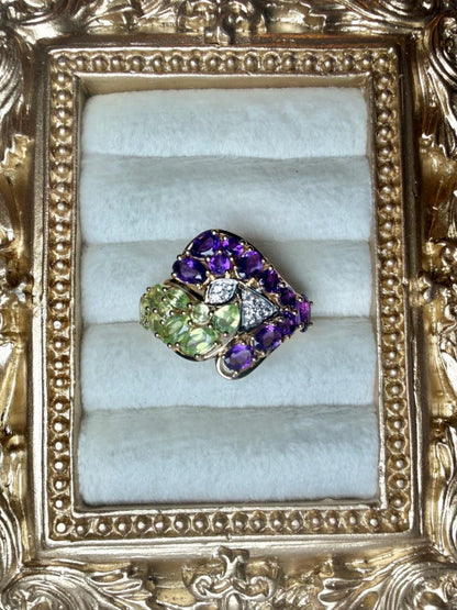 Certified Amethyst Peridot Ring | 2.73 CT Natural Gemstone Statement Ring | Gold Plated Sterling Silver | HRD Antwerp