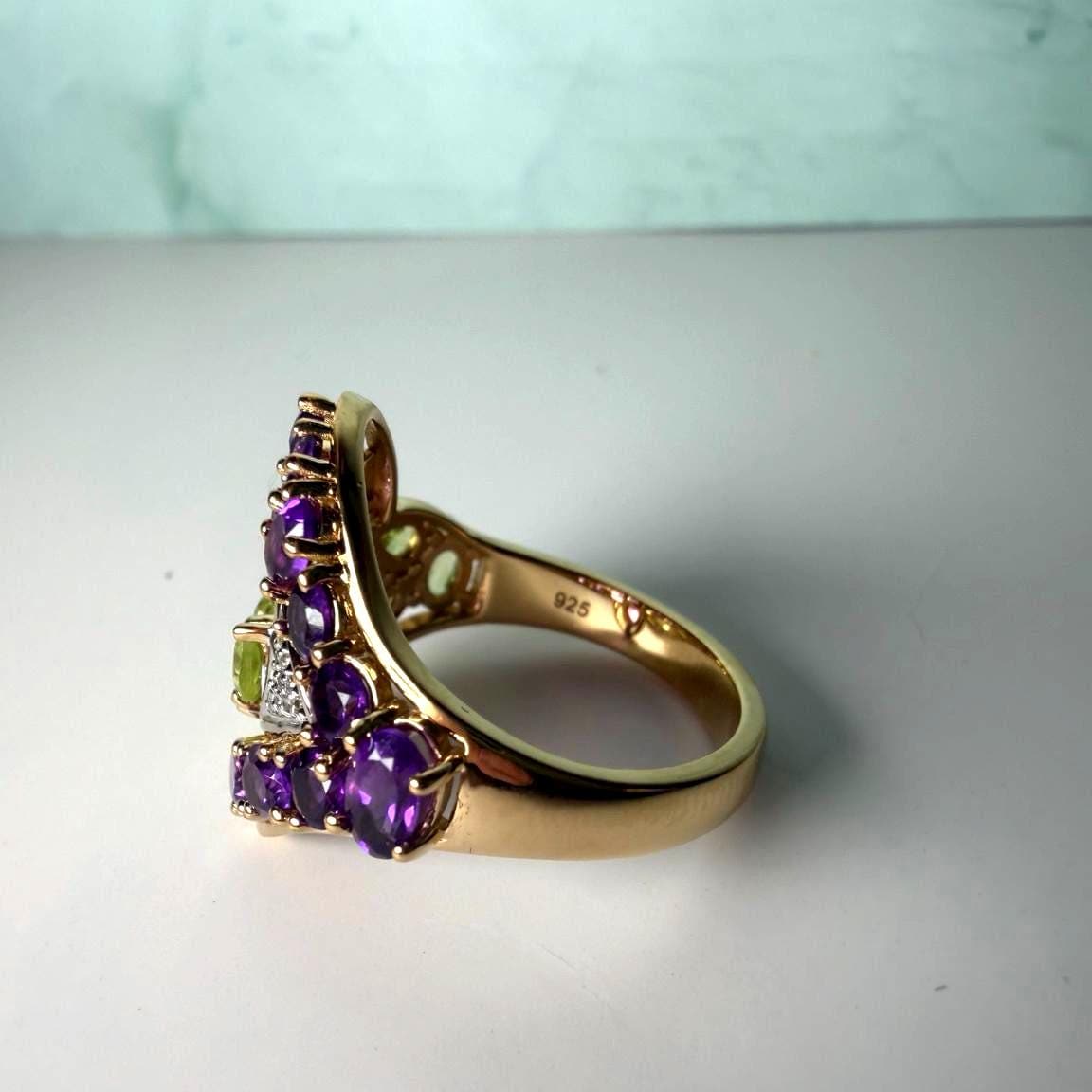 Certified Amethyst Peridot Ring | 2.73 CT Natural Gemstone Statement Ring | Gold Plated Sterling Silver | HRD Antwerp