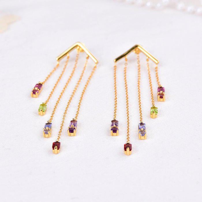 Natural Garnet & Peridot Chandelier Earrings | Certified Gemstone Dangle Earrings | 6.28g Gold Tone Statement Earrings