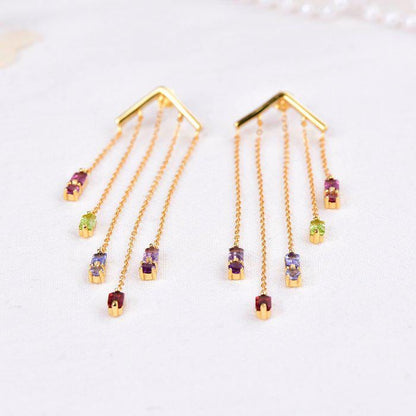 Natural Garnet & Peridot Chandelier Earrings | Certified Gemstone Dangle Earrings | 6.28g Gold Tone Statement Earrings