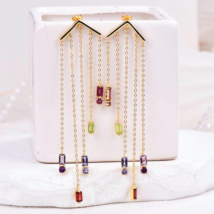 Natural Garnet & Peridot Chandelier Earrings | Certified Gemstone Dangle Earrings | 6.28g Gold Tone Statement Earrings