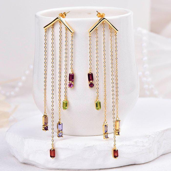 Natural Garnet & Peridot Chandelier Earrings | Certified Gemstone Dangle Earrings | 6.28g Gold Tone Statement Earrings