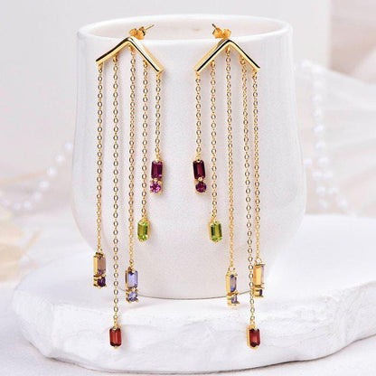 Natural Garnet & Peridot Chandelier Earrings | Certified Gemstone Dangle Earrings | 6.28g Gold Tone Statement Earrings