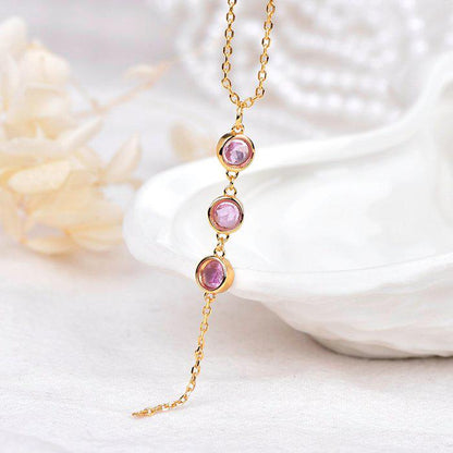 Natural Pink Sapphire Necklace | Certified Sapphire Y Drop Necklace | Three Stone Pink Sapphire Gold Tone Jewelry