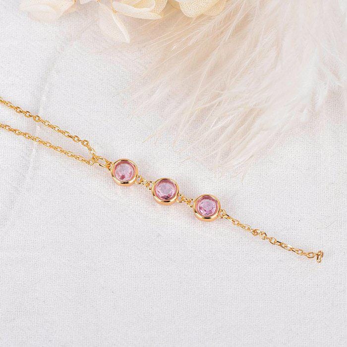 Natural Pink Sapphire Necklace | Certified Sapphire Y Drop Necklace | Three Stone Pink Sapphire Gold Tone Jewelry