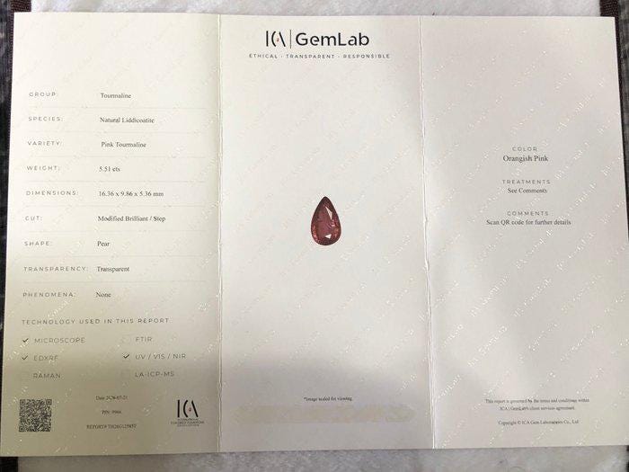 5.51 Ct Natural Pink Tourmaline Pear | Certified Orangish Pink Liddicoatite Tourmaline | Large Loose Gemstone ICA GemLab