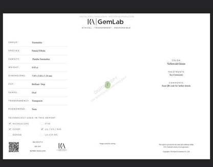 0.95 Ct Certified Oval Paraiba Tourmaline | Natural Yellowish Green Elbaite | Certified Gem