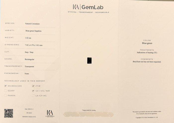 1.02 Ct Blue Green Sapphire | Certified Natural Sapphire | Teal Sapphire Rectangular Step Cut | Loose Gemstone