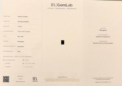1.02 Ct Blue Green Sapphire | Certified Natural Sapphire | Teal Sapphire Rectangular Step Cut | Loose Gemstone