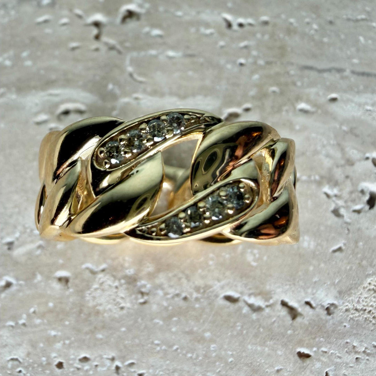 Natural Diamond Cuban Link Ring, 0.10 CTW Diamond Chunky Gold Chain Ring, Gold Plated Sterling Silver, HRD Antwerp Certified