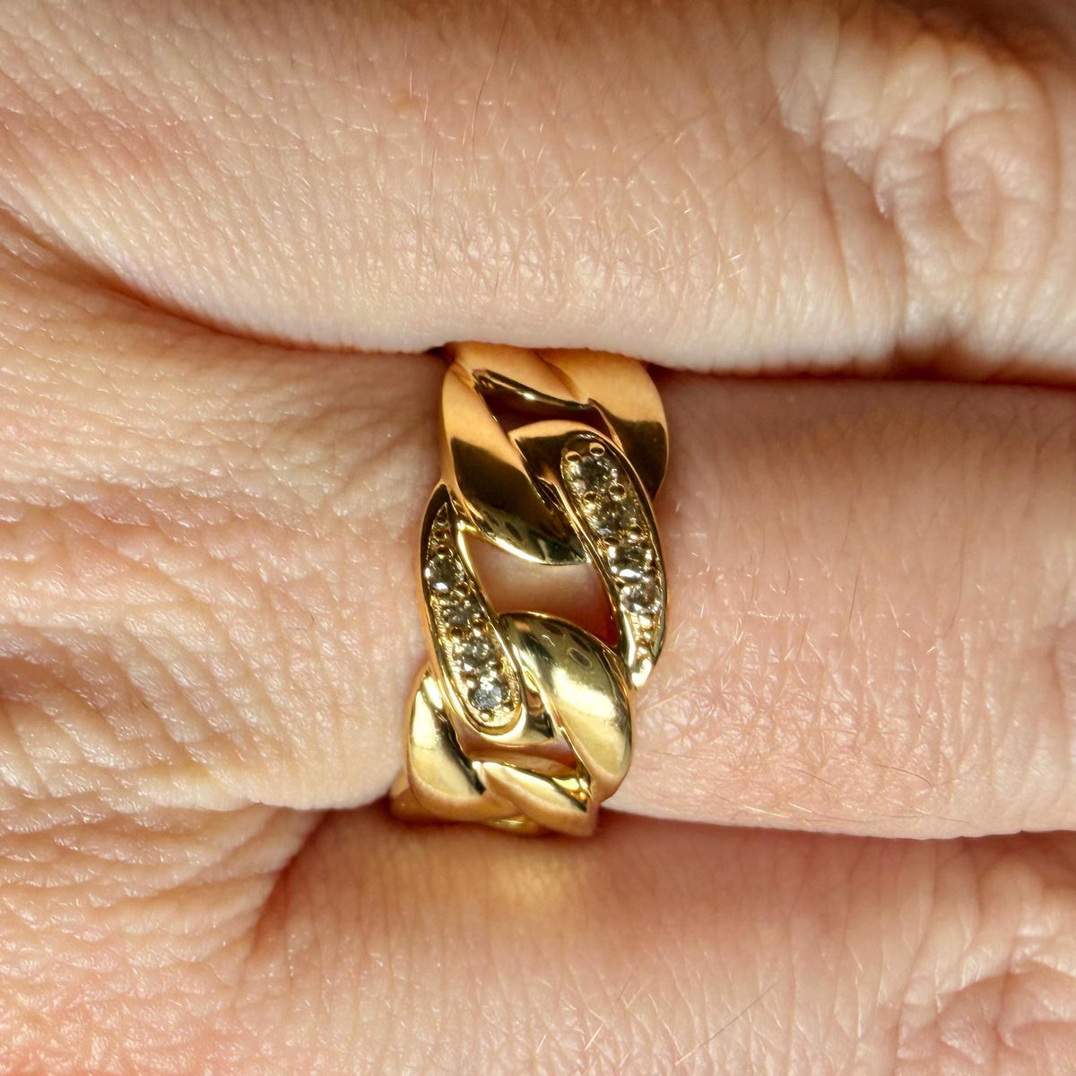 Natural Diamond Cuban Link Ring, 0.10 CTW Diamond Chunky Gold Chain Ring, Gold Plated Sterling Silver, HRD Antwerp Certified