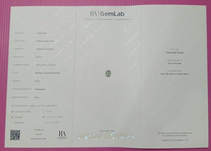1.90 Ct Certified Paraiba Tourmaline – Natural Liddicoatite Tourmaline – Yellowish Green Oval Gemstone – ICA GemLab Certified