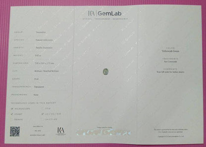 1.90 Ct Certified Paraiba Tourmaline – Natural Liddicoatite Tourmaline – Yellowish Green Oval Gemstone – ICA GemLab Certified