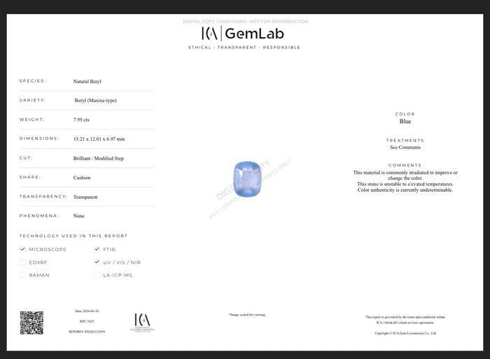 7.95 Ct Blue Maxixe-Type Beryl – Certified Natural Beryl – Large Cushion Cut Loose Gemstone – ICA GemLab