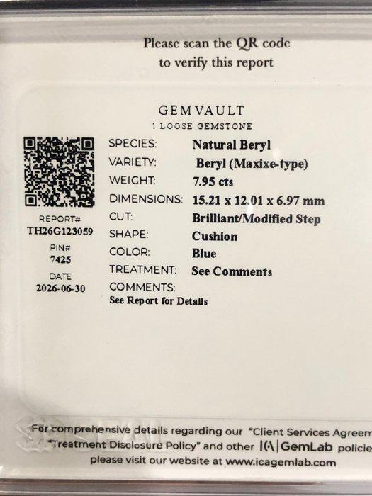 7.95 Ct Blue Maxixe-Type Beryl – Certified Natural Beryl – Large Cushion Cut Loose Gemstone – ICA GemLab