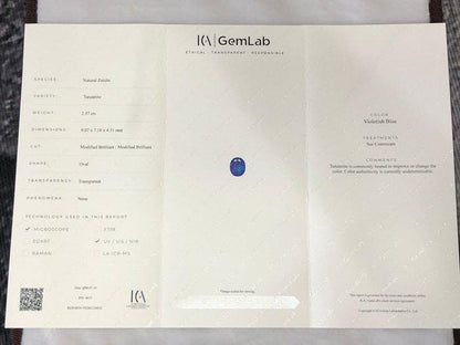 2.57 Ct Certified Tanzanite – Vivid Violet Blue Oval Natural Tanzanite – ICA GemLab – Loose Gemstone