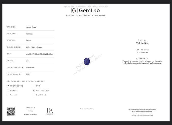 2.57 Ct Certified Tanzanite – Vivid Violet Blue Oval Natural Tanzanite – ICA GemLab – Loose Gemstone