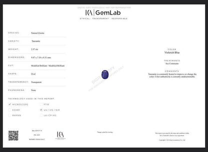 2.57 Ct Certified Tanzanite – Vivid Violet Blue Oval Natural Tanzanite – ICA GemLab – Loose Gemstone