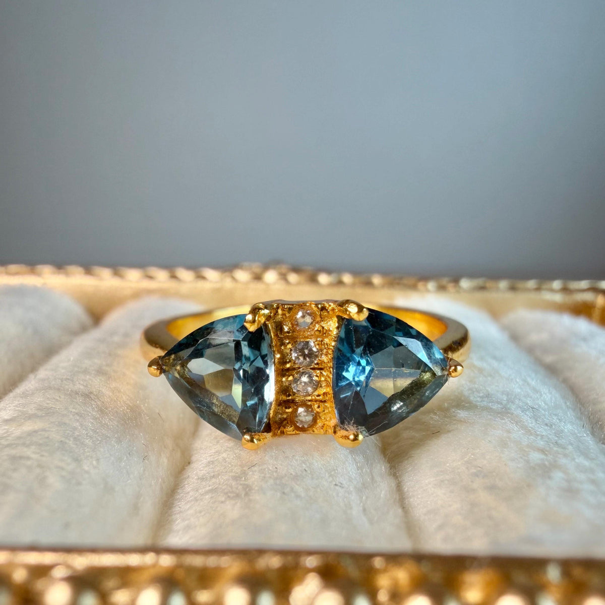 London Blue Topaz Ring Sterling Silver | 2 CT Trillion Cut Blue Topaz Ring | Two Stone Gemstone Ring | Gold Vermeil Style