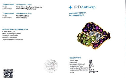 Certified Amethyst Peridot Ring | 2.73 CT Natural Gemstone Statement Ring | Gold Plated Sterling Silver | HRD Antwerp
