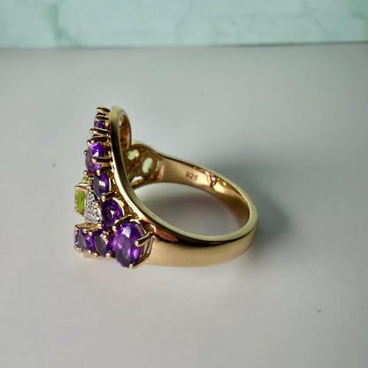 Certified Amethyst Peridot Ring | 2.73 CT Natural Gemstone Statement Ring | Gold Plated Sterling Silver | HRD Antwerp