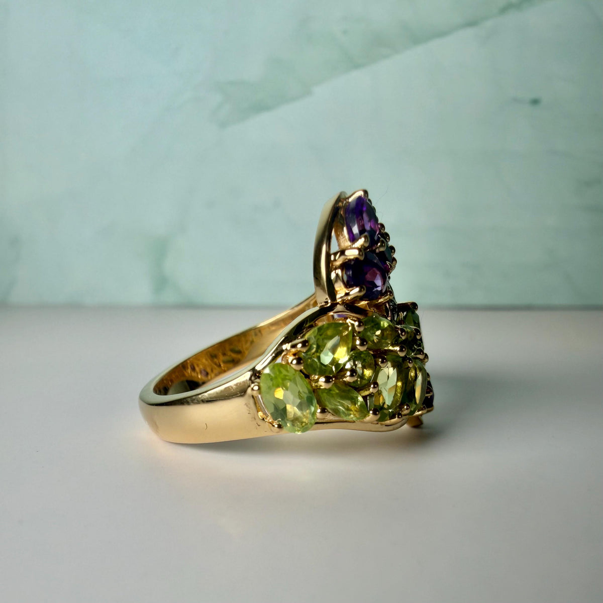 Certified Amethyst Peridot Ring | 2.73 CT Natural Gemstone Statement Ring | Gold Plated Sterling Silver | HRD Antwerp