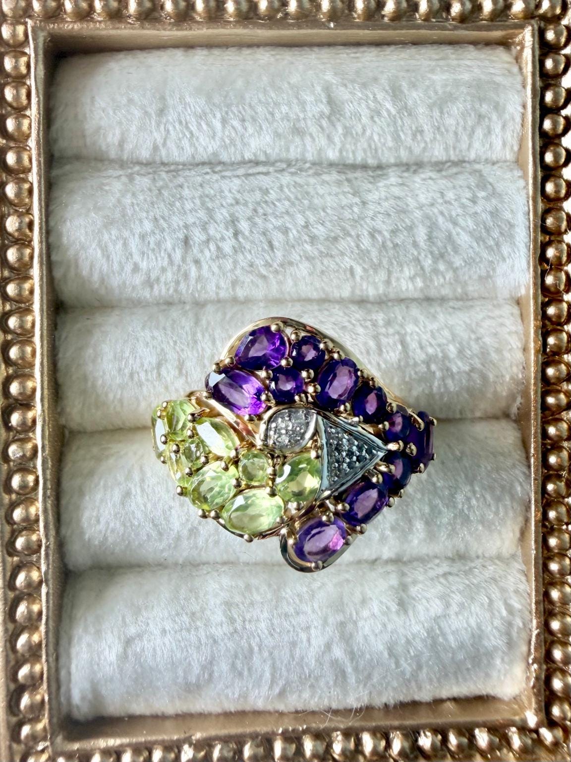 Certified Amethyst Peridot Ring | 2.73 CT Natural Gemstone Statement Ring | Gold Plated Sterling Silver | HRD Antwerp
