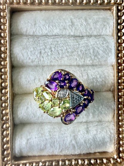 Certified Amethyst Peridot Ring | 2.73 CT Natural Gemstone Statement Ring | Gold Plated Sterling Silver | HRD Antwerp
