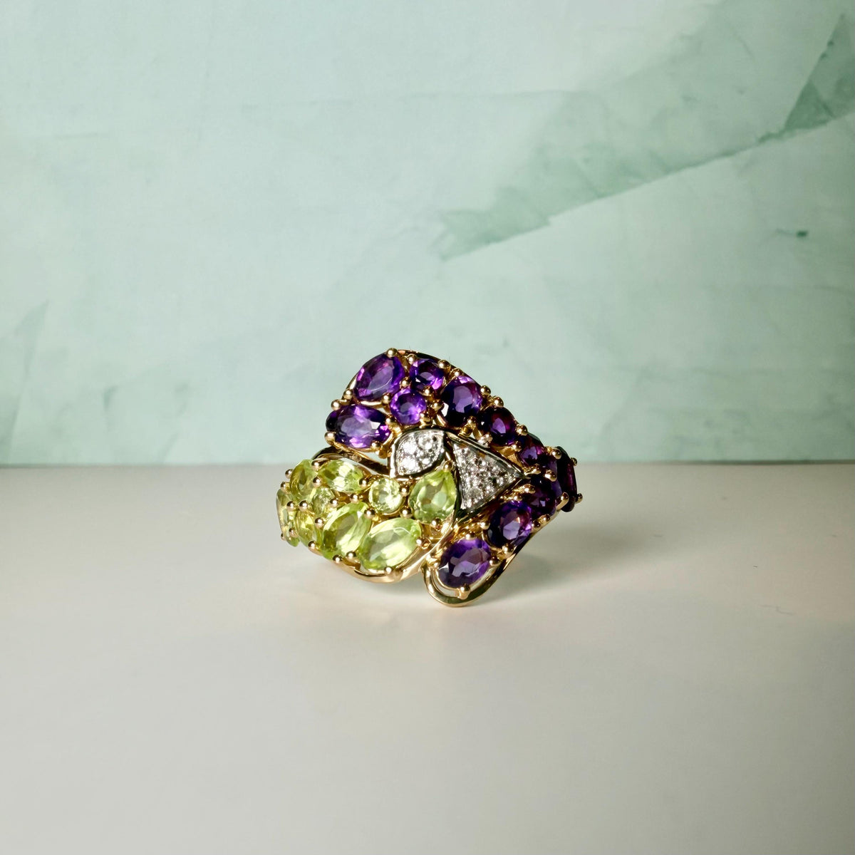 Certified Amethyst Peridot Ring | 2.73 CT Natural Gemstone Statement Ring | Gold Plated Sterling Silver | HRD Antwerp