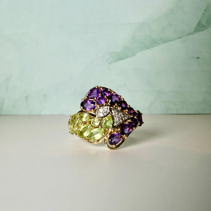 Certified Amethyst Peridot Ring | 2.73 CT Natural Gemstone Statement Ring | Gold Plated Sterling Silver | HRD Antwerp