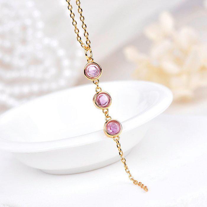 Natural Pink Sapphire Necklace | Certified Sapphire Y Drop Necklace | Three Stone Pink Sapphire Gold Tone Jewelry